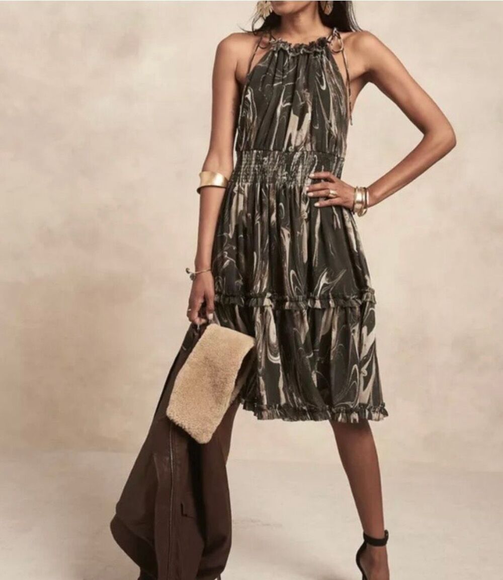Banana Republic Olive Marble Smoke Halter Dress Sz XL Lined